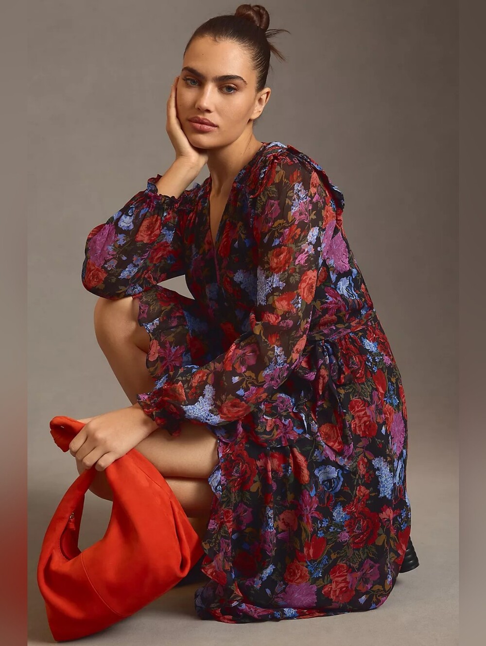 PAIGE Paulette Floral Long Sleeve  V-Neck Midi Wrap Dress - Black Red Pink Multi - Picture 3 of 16
